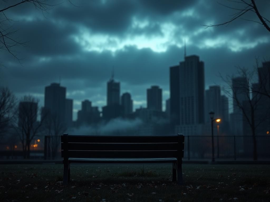 Flick International A somber urban landscape at dusk with a weathered bench and autumn leaves