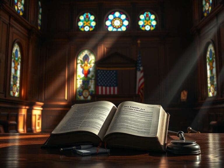 Flick International Dimly lit courtroom interior featuring an open ancient tome and a gavel, symbolizing justice in legal matters.