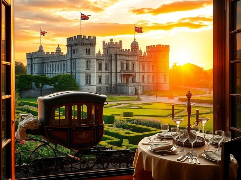 Flick International Grand view of Windsor Castle with a royal carriage in the foreground during sunset