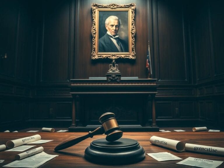 Flick International A solemn courtroom featuring a cracked gavel and a portrait of Raphael Lemkin