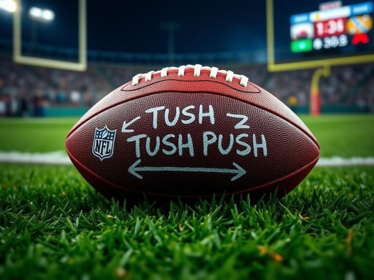 Flick International A dramatic close-up of an NFL football on green turf, partially covered by chalk outlines representing the tush push strategy