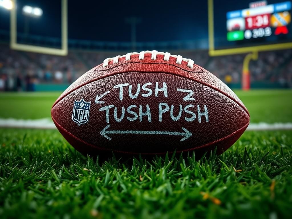 Flick International A dramatic close-up of an NFL football on green turf, partially covered by chalk outlines representing the tush push strategy