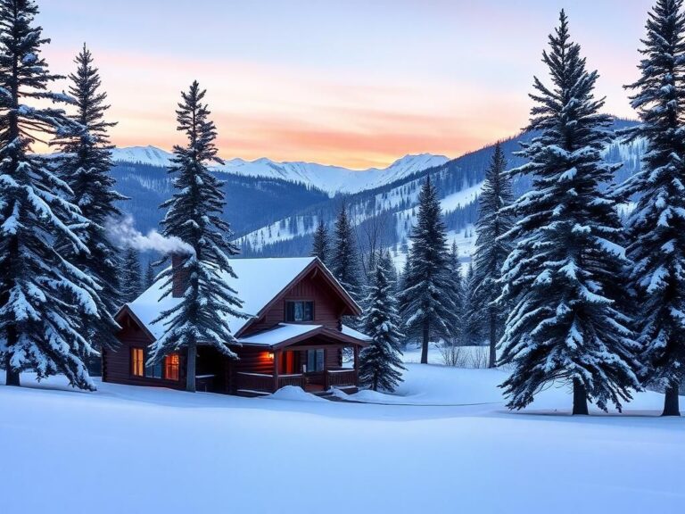 Flick International Serene winter landscape at Sundance Mountain Resort showcasing a rustic cabin amid snow-dusted pine trees