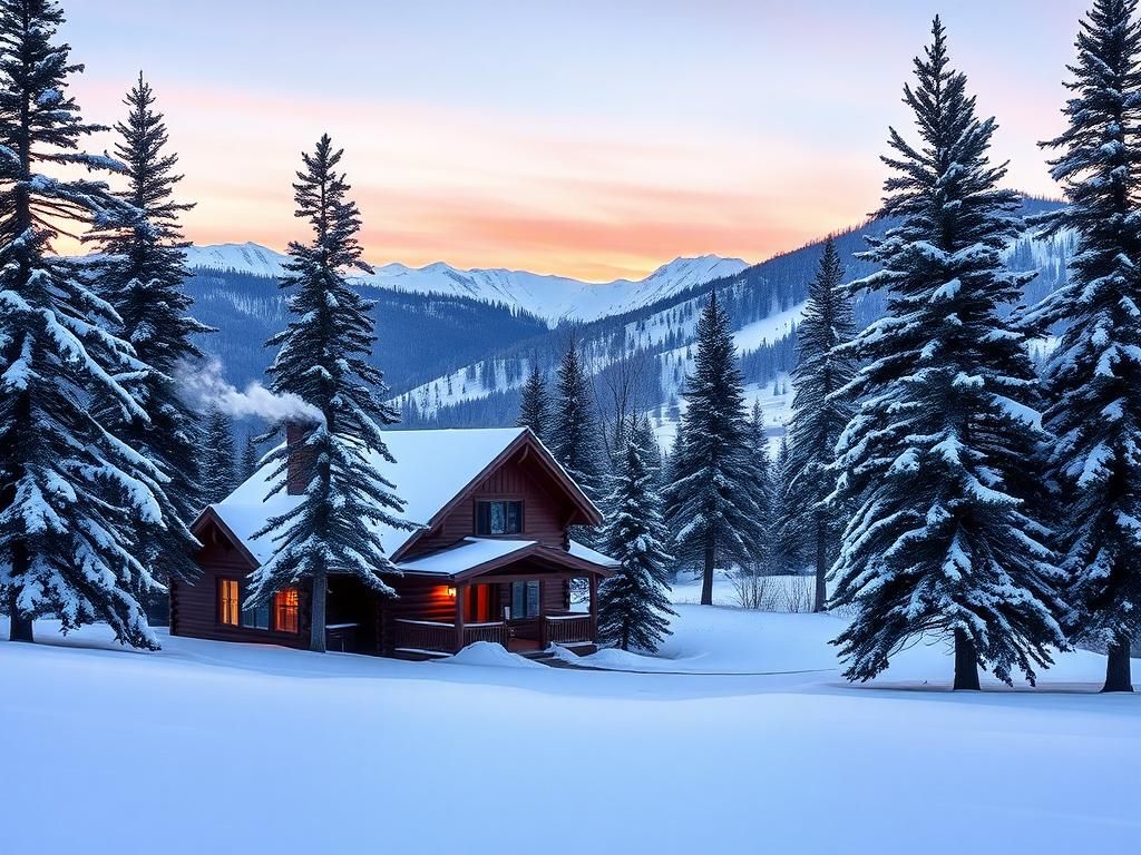 Flick International Serene winter landscape at Sundance Mountain Resort showcasing a rustic cabin amid snow-dusted pine trees