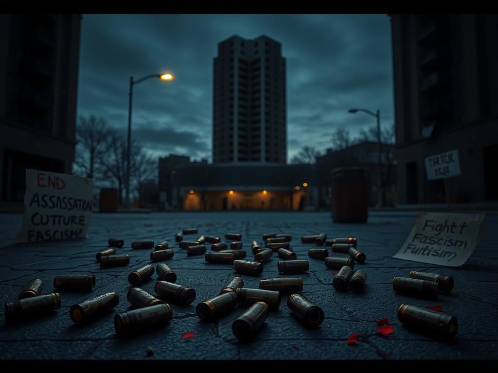 Flick International A dark urban landscape at dusk with a high-rise silhouette and scattered bullet casings.