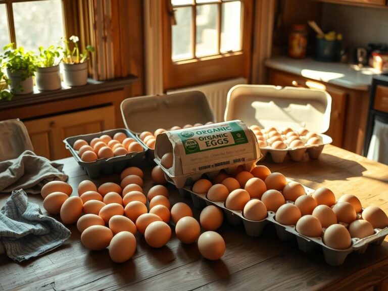 Flick International Rustic kitchen scene showcasing a $10 carton of organic eggs next to a cheaper store-brand carton, bathed in warm sunlight.
