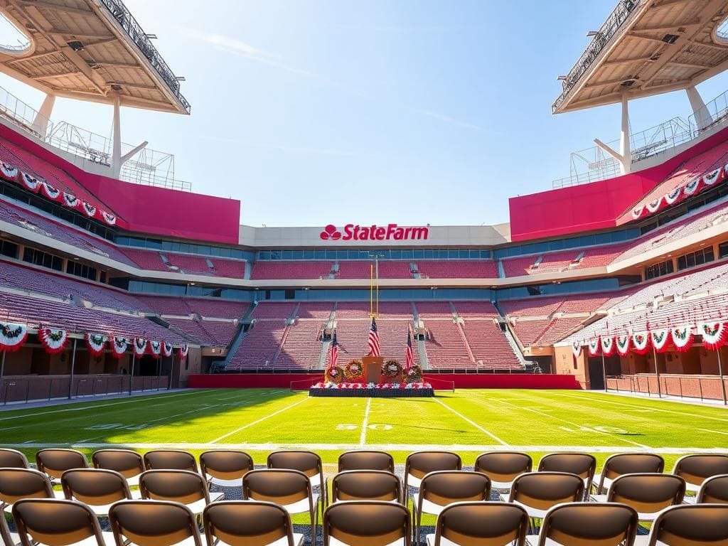 Flick International Empty State Farm Stadium decorated with patriotic colors for Charlie Kirk event