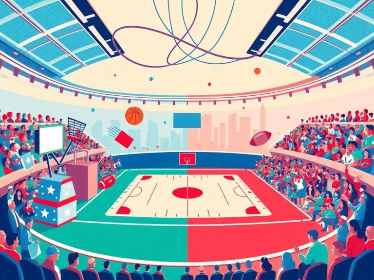 Flick International Illustration of a sports arena divided into politics and sports sections, showcasing elements like a ballot box and a basketball.