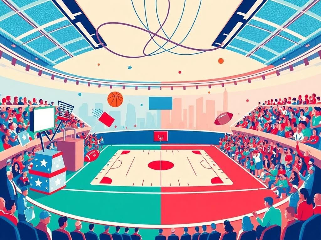 Flick International Illustration of a sports arena divided into politics and sports sections, showcasing elements like a ballot box and a basketball.