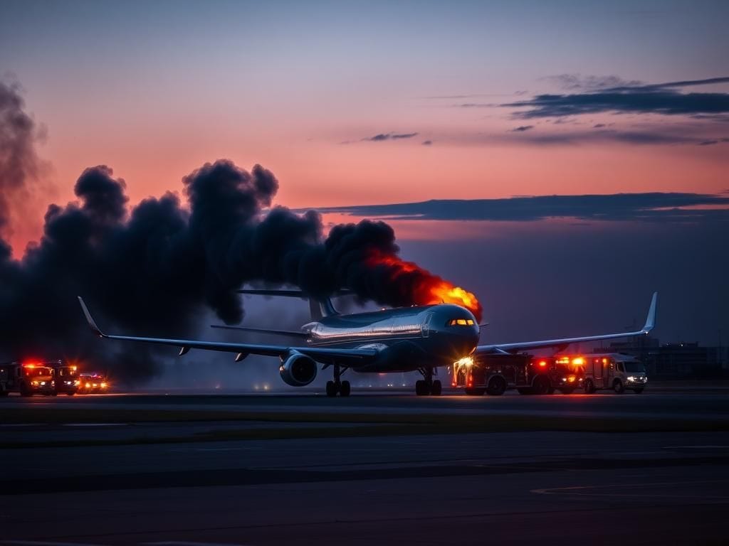 Flick International Passenger jet with flames and smoke from engine at Boston Logan Airport