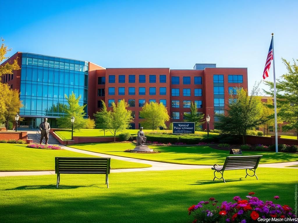 Flick International A serene university campus scene featuring the Schar School of Policy and Government at George Mason University
