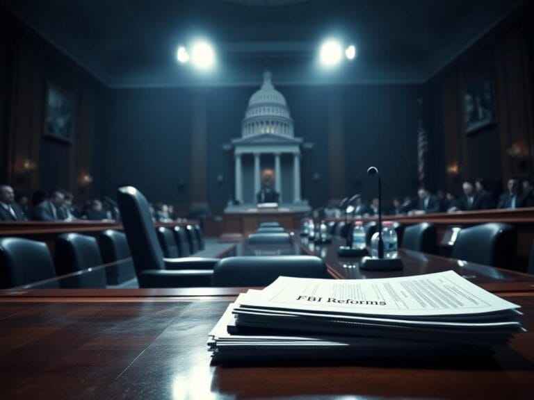 Flick International Empty witness chair in a dimly lit congressional hearing room with a focus on FBI reforms and Charlie Kirk investigation topics