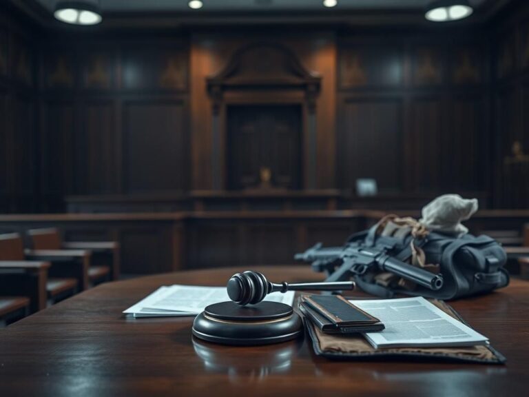 Flick International Dimly lit courtroom with an empty witness stand and a polished wooden table