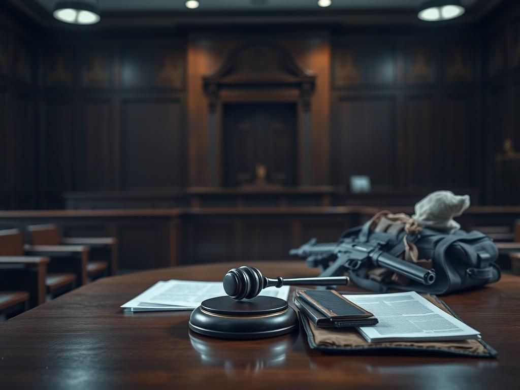 Flick International Dimly lit courtroom with an empty witness stand and a polished wooden table