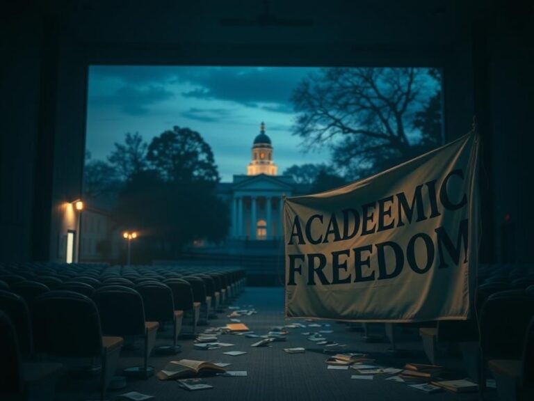 Flick International Darkened university campus scene highlighting disruptions in academic freedom