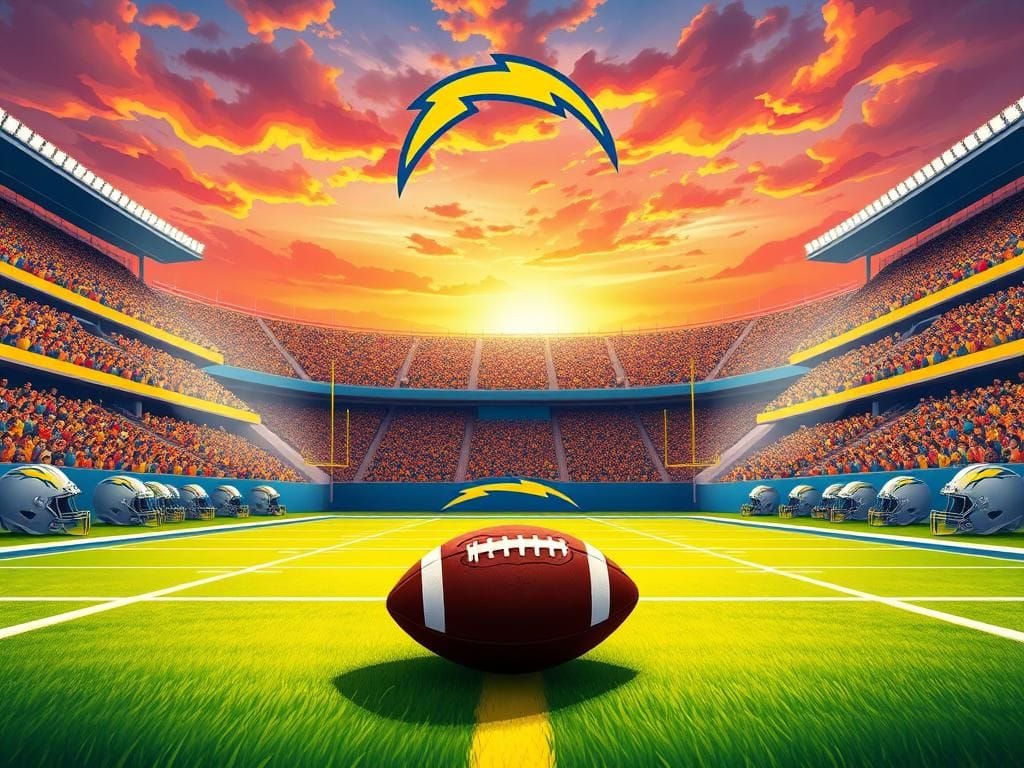 Flick International Vibrant illustration of a football stadium showcasing the Los Angeles Chargers colors and logo