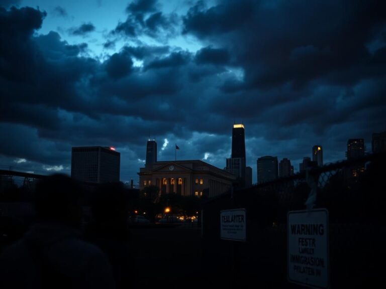 Flick International Dramatic urban landscape at twilight in Chicago showcasing the skyline and federal building, symbolizing law enforcement and immigration tension.
