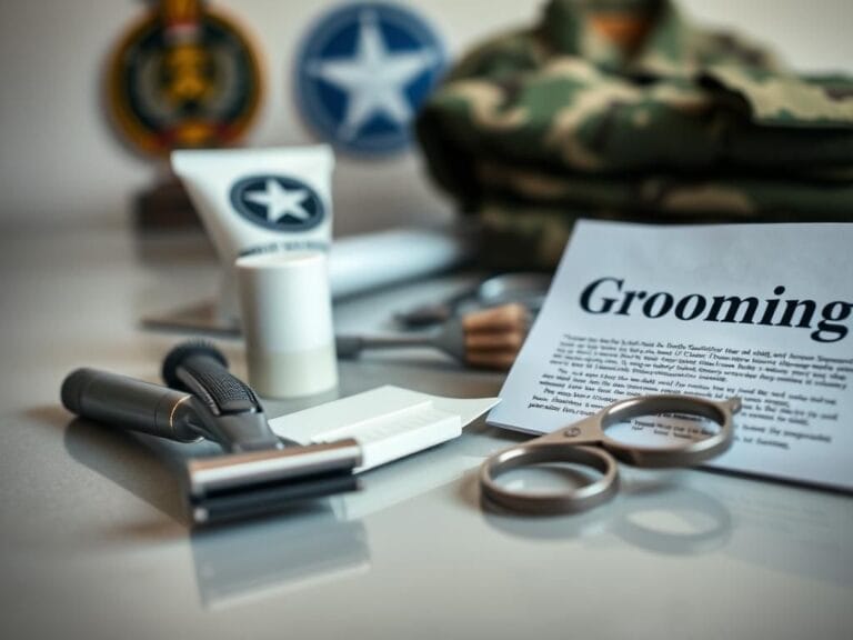 Flick International Close-up of a military grooming kit with a razor, shaving cream, and scissors on a polished surface