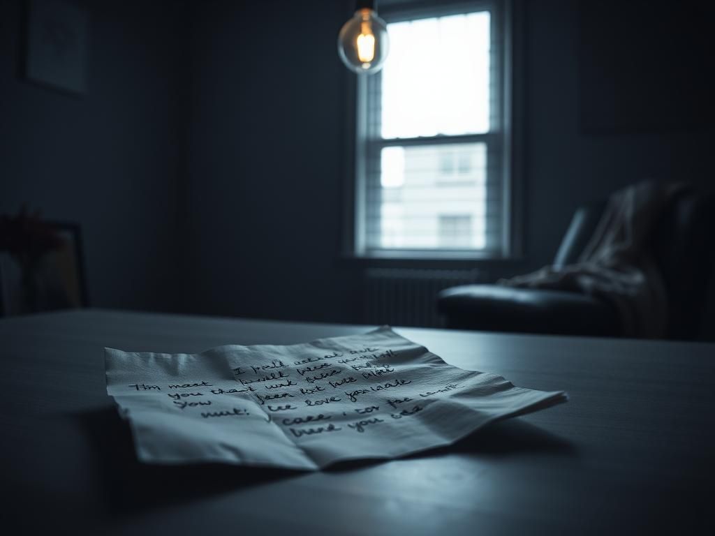 Flick International A crumpled piece of paper with handwritten messages symbolizing love and tragedy in a dimly lit room