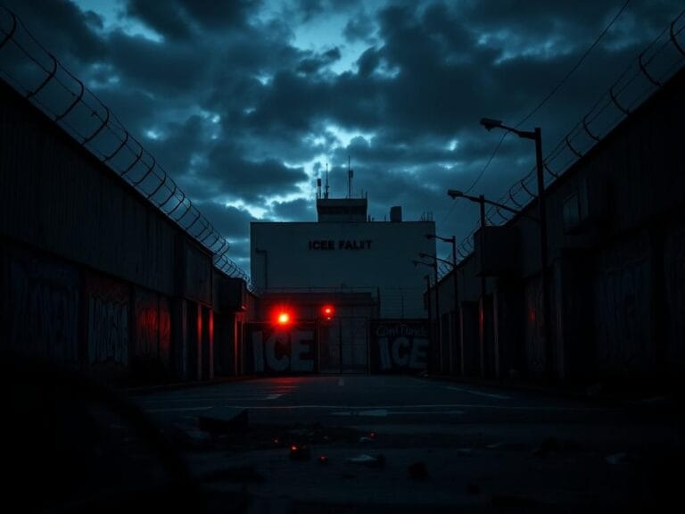 Flick International Dark urban landscape featuring an unmarked ICE facility surrounded by graffiti and ominous clouds.
