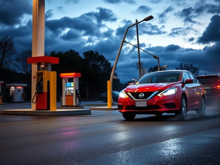 Flick International Red Nissan vehicle skidding to a halt at a gas station while a man washes his windshield