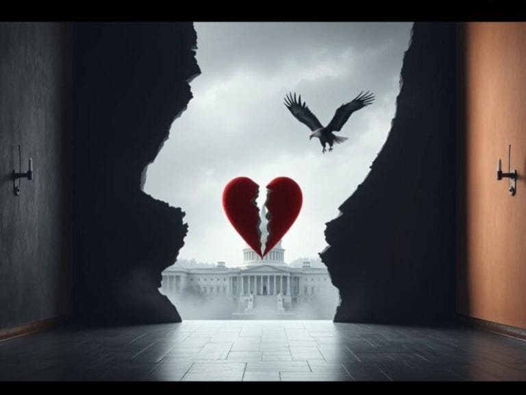 Flick International A split room symbolizing the political divide in America, featuring a broken heart at the center