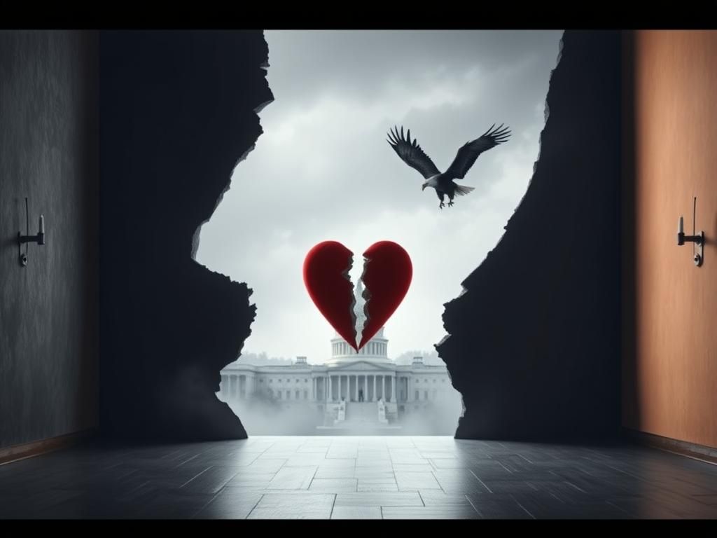 Flick International A split room symbolizing the political divide in America, featuring a broken heart at the center