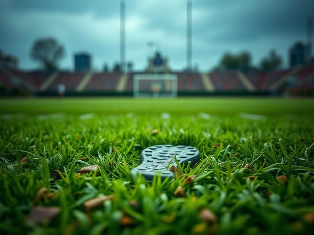 Flick International Close-up of a football field showing a shoe print on artificial turf