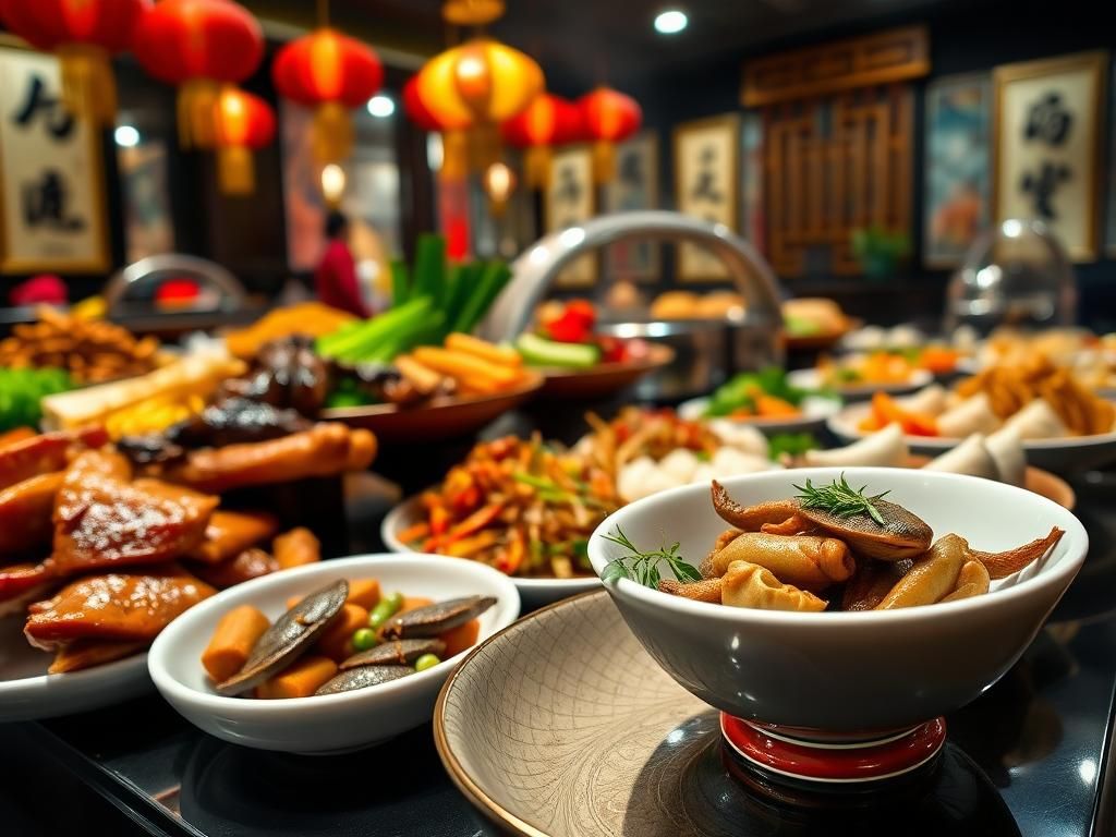 Flick International Close-up of a beautifully presented Chinese food buffet with colorful dishes