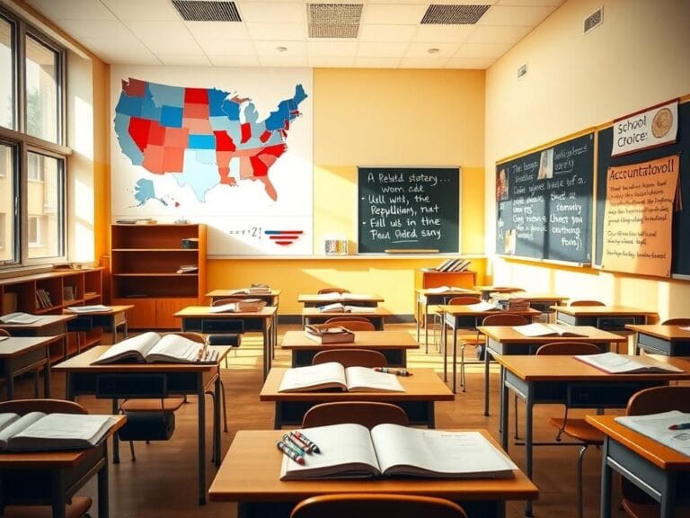 Flick International Empty school classroom filled with educational materials and a large USA map on the wall