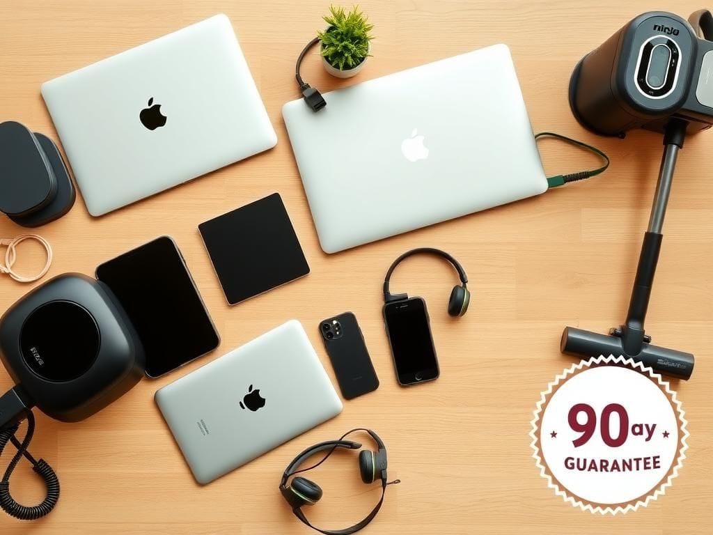 Flick International Flat lay of refurbished tech including an Apple iPad, MacBook Air, iPhone, Bose headphones, Ninja air fryer, and Shark vacuum on a wooden table