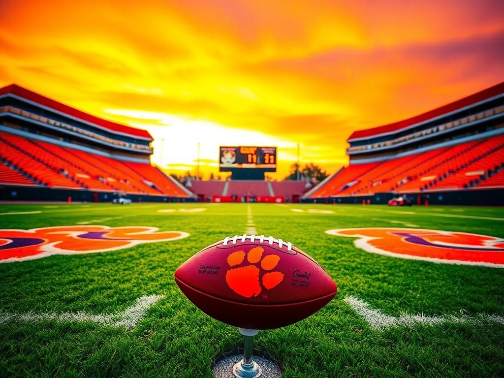 Flick International A vibrant football field at sunset, featuring Clemson's iconic orange and purple colors