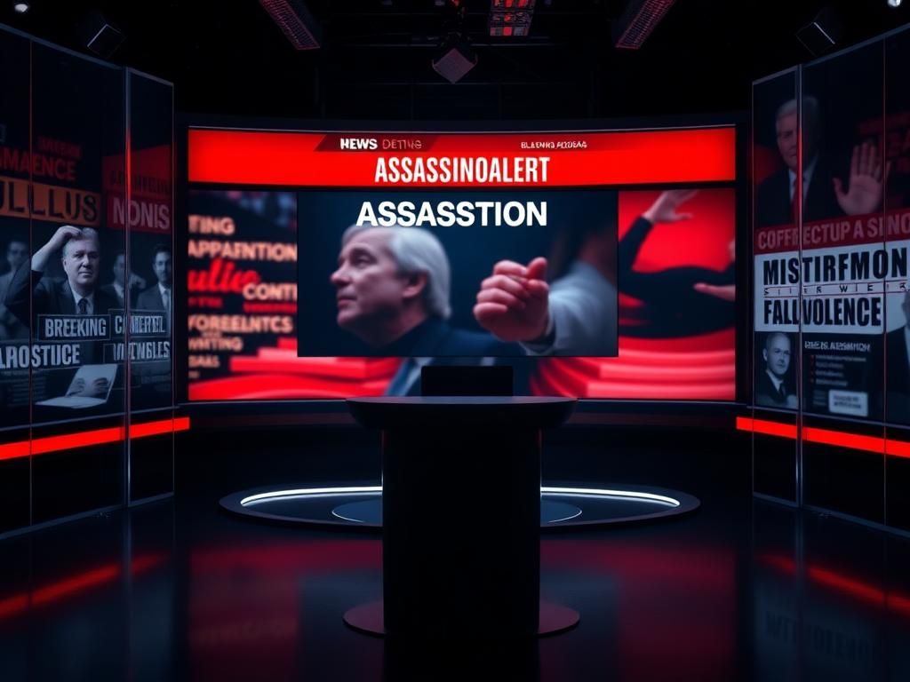 Flick International Dimly lit news studio with breaking news alert about an assassination