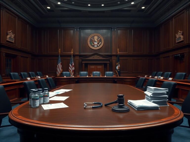 Flick International Empty Senate hearing room with a large wooden table and medical documents