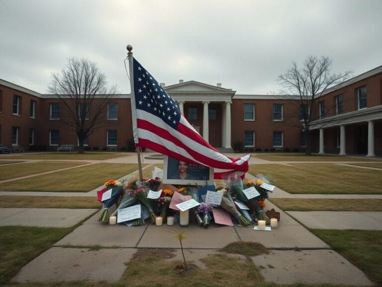 Flick International A solemn empty university courtyard with a makeshift memorial for Charlie Kirk
