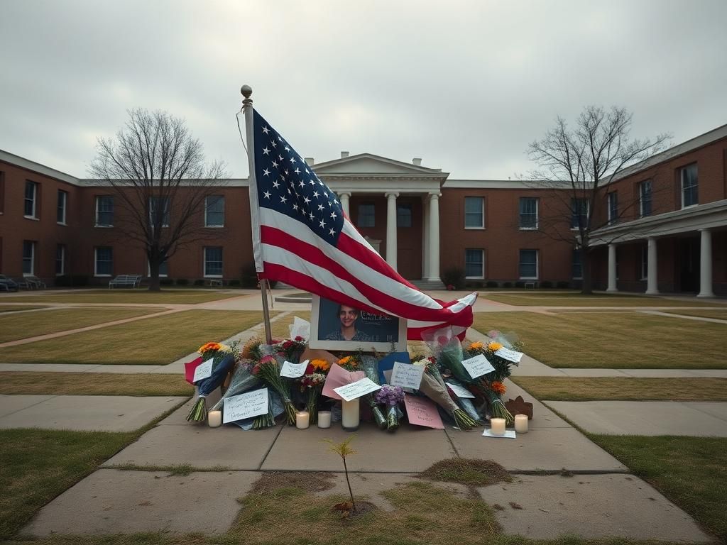 Flick International A solemn empty university courtyard with a makeshift memorial for Charlie Kirk