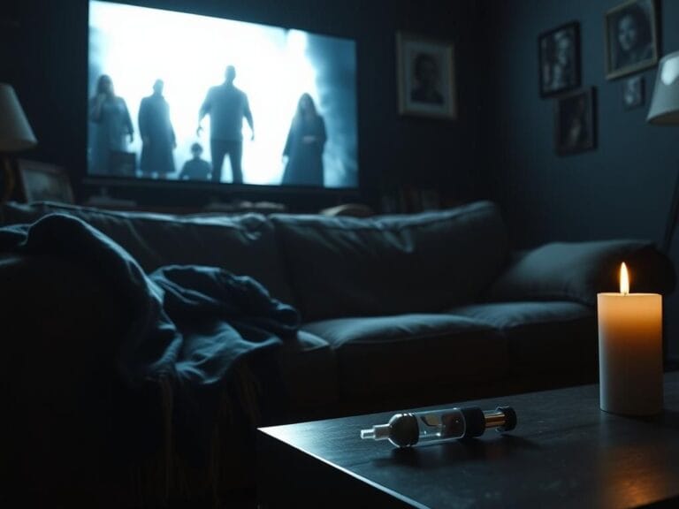 Flick International Dimly lit living room with a disheveled sofa and eerie atmosphere