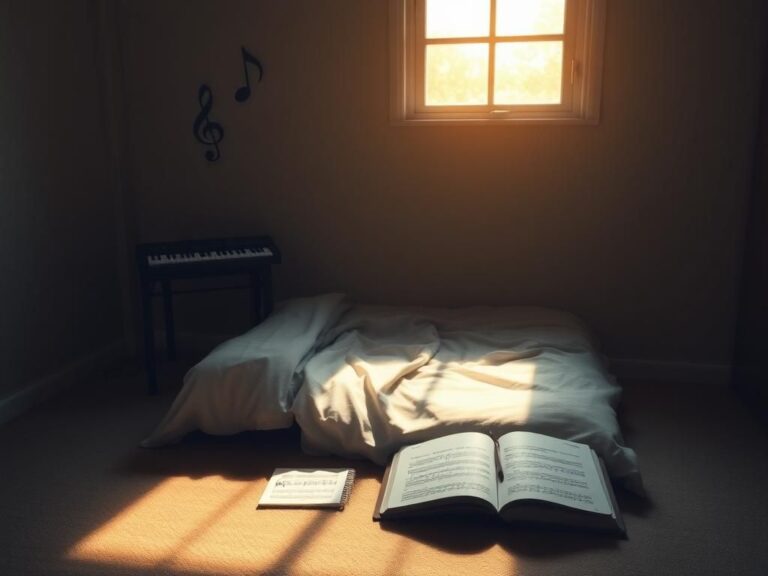 Flick International Empty, softly lit room with a cozy bed and keyboard symbolizing reflection and contemplation