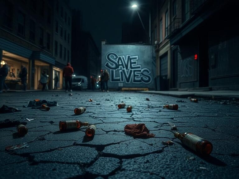 Flick International A somber urban landscape with remnants of life highlighting the hidden crisis of violence and addiction