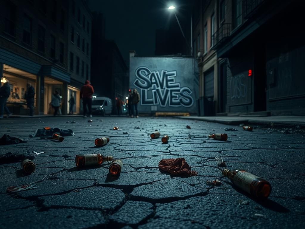 Flick International A somber urban landscape with remnants of life highlighting the hidden crisis of violence and addiction