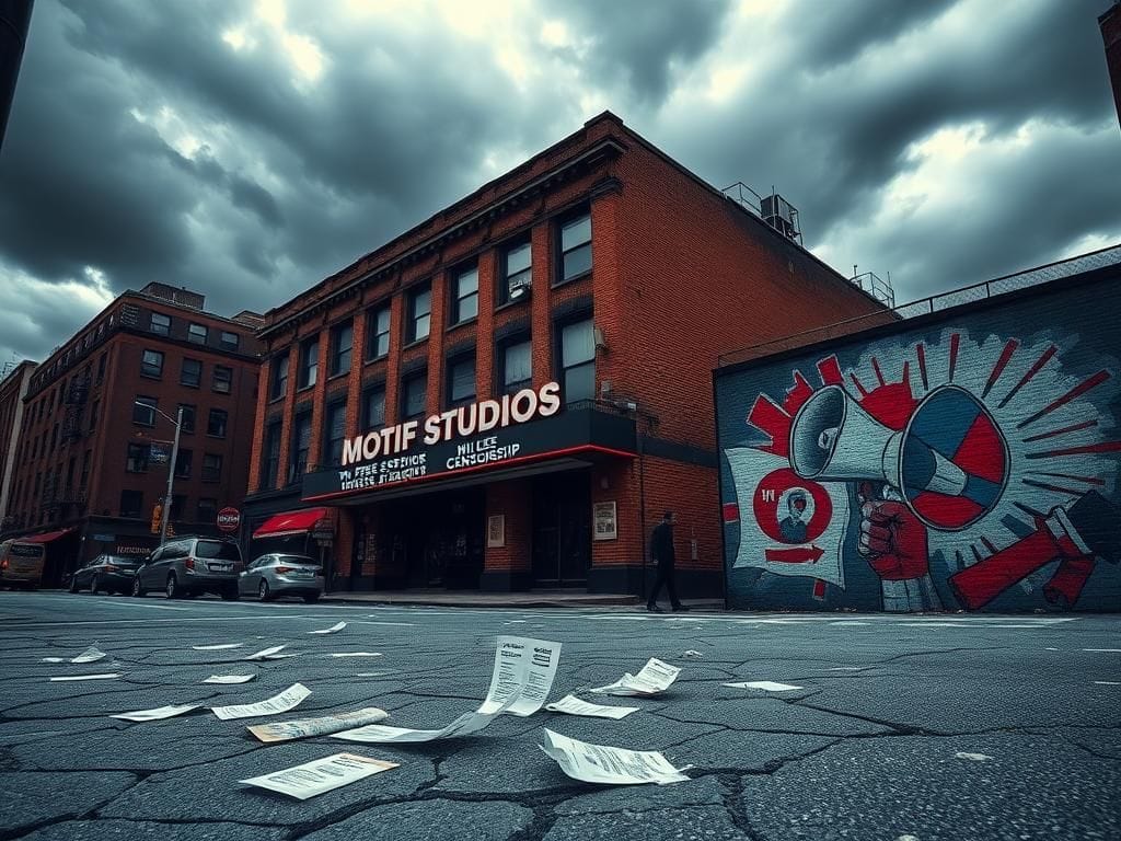 Flick International Dramatic urban scene in NYC with stormy skies and pro-free speech flyers