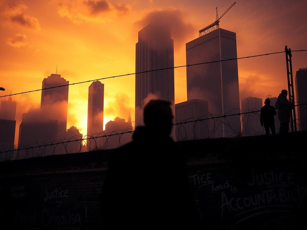 Flick International Urban landscape at sunset with ominous fog representing illegal immigration concerns