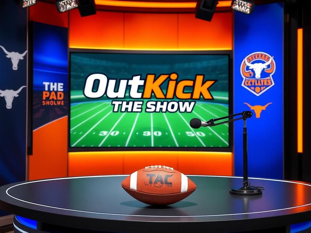 Flick International Modern sports studio setup featuring desk and logo of OutKick the Show