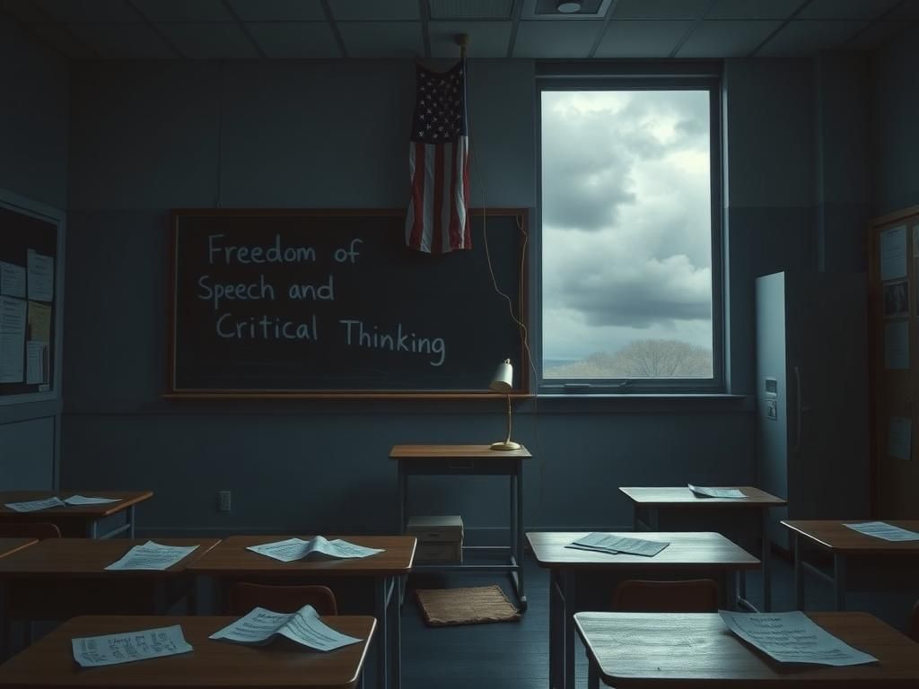 Flick International A deserted school classroom with a chalkboard displaying 'Freedom of Speech' and 'Critical Thinking'