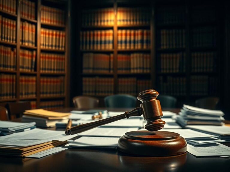 Flick International A wooden gavel on a table with scattered legal documents, symbolizing authority in a courtroom