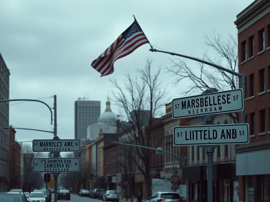 Flick International Tense city street scene in Dearborn, Michigan, with urban elements reflecting cultural diversity