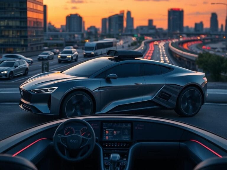 Flick International A sleek, futuristic self-driving car in an urban environment at twilight