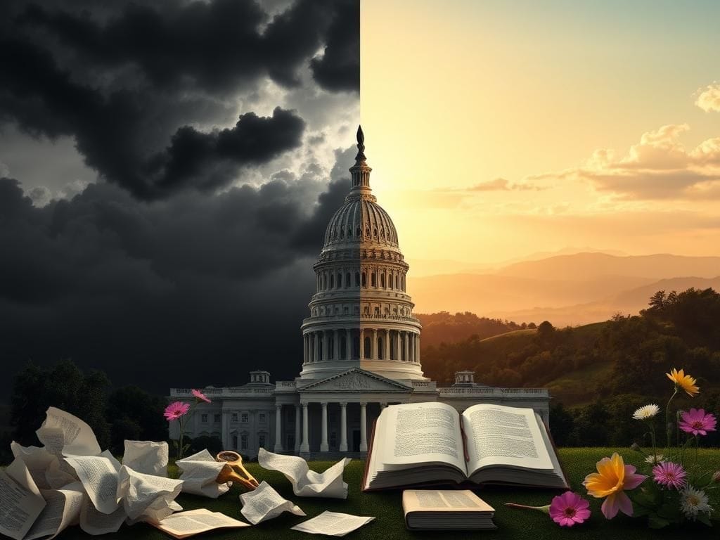 Flick International Split image showing political tension, with a crumbling Capitol and stormy skyline on one side, and a peaceful landscape on the other.