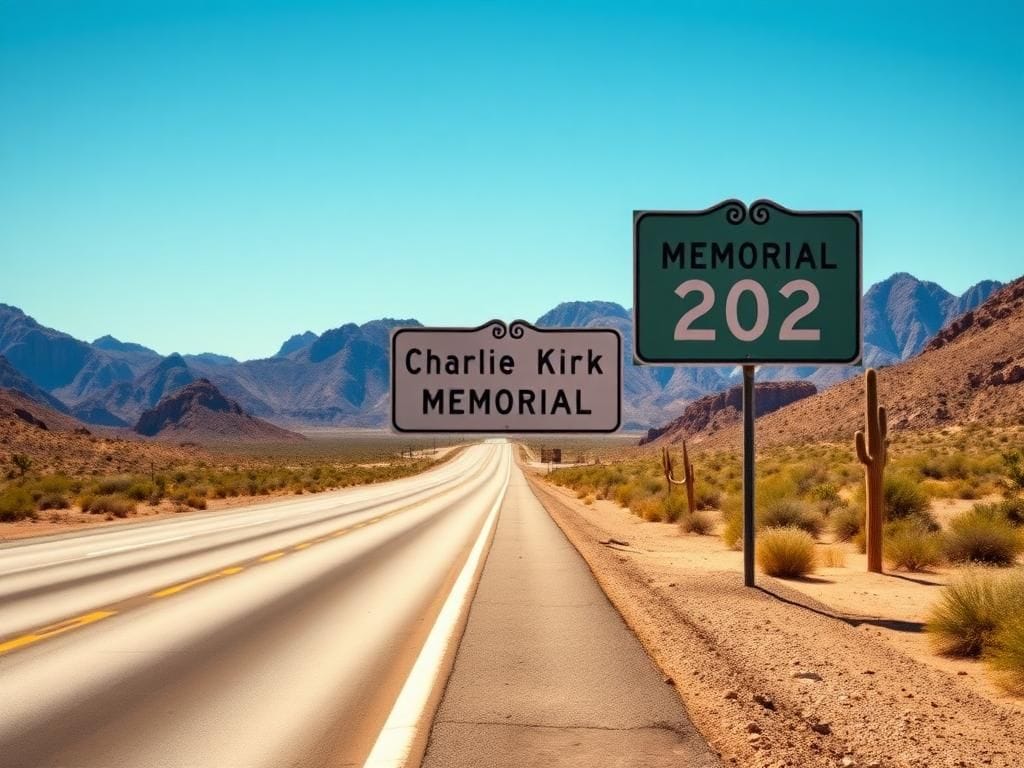 Flick International Serene desert highway scene depicting State Route 202 with a large road sign honoring Charlie Kirk.