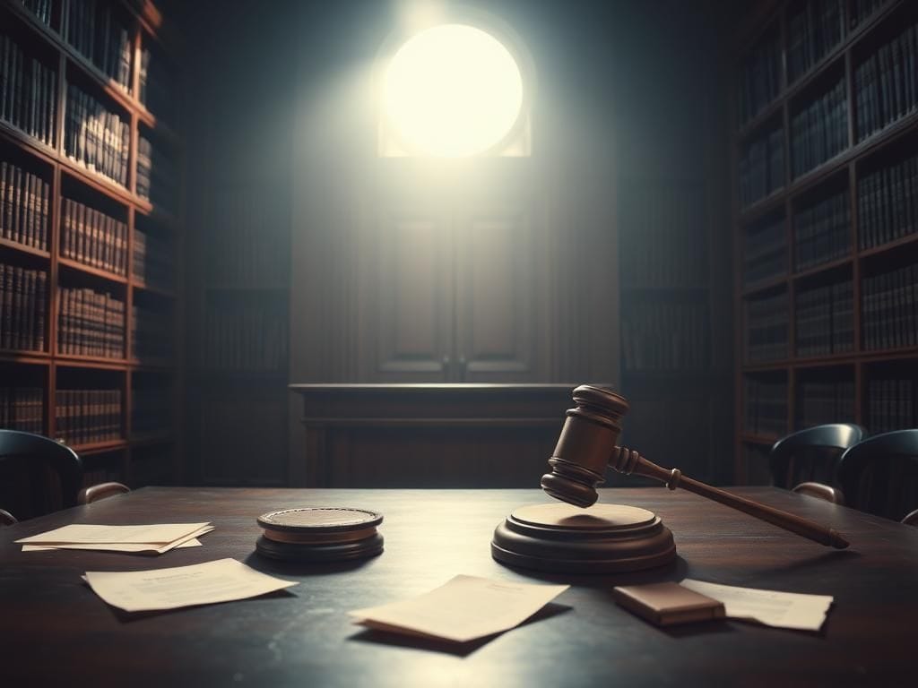 Flick International Dimly lit courtroom with a gavel on the judge's bench, symbolizing legal challenges faced by the Menendez brothers